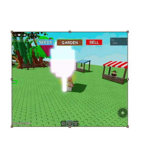 Roblox avatar in farming area with seeds and stalls.