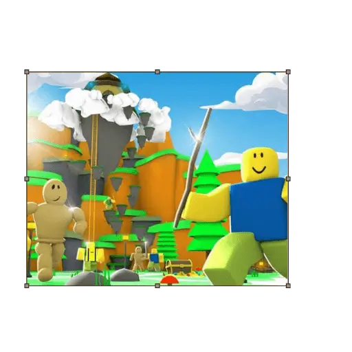 Floating islands with trees and characters in Roblox.